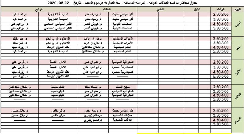 جدول المواد التدريسية