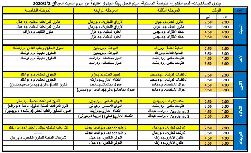 جدول المواد التدريسية